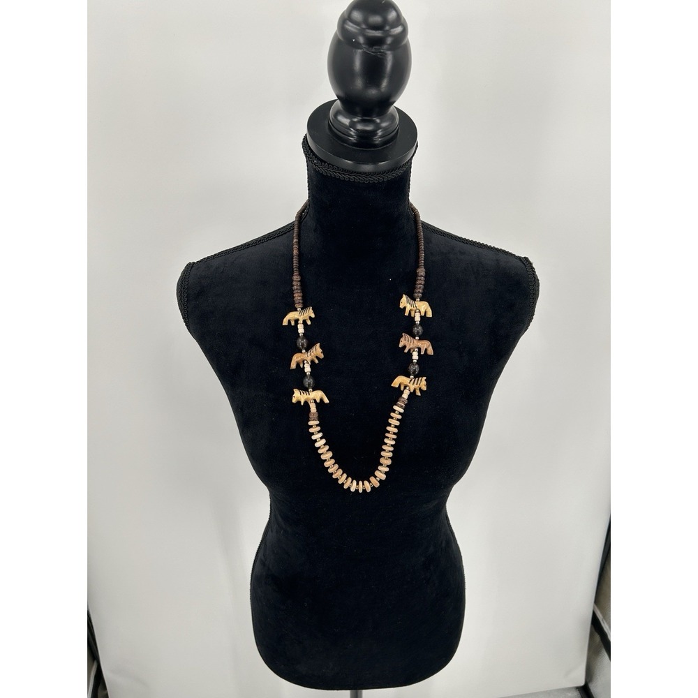 Vintage Wooden Hand Carved Zebras ‎ And Beaded Necklace Africa Safari